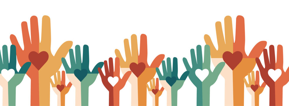 Raised hands. Volunteering, teamwork concert.
