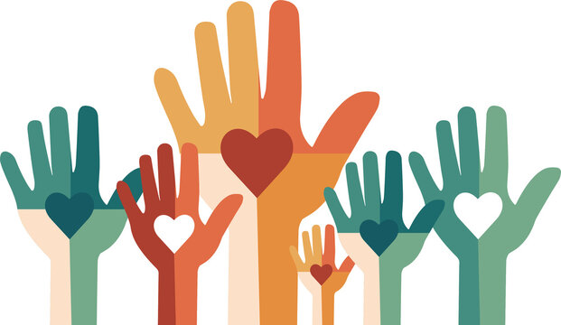 Raised hands. Volunteering, teamwork concert.