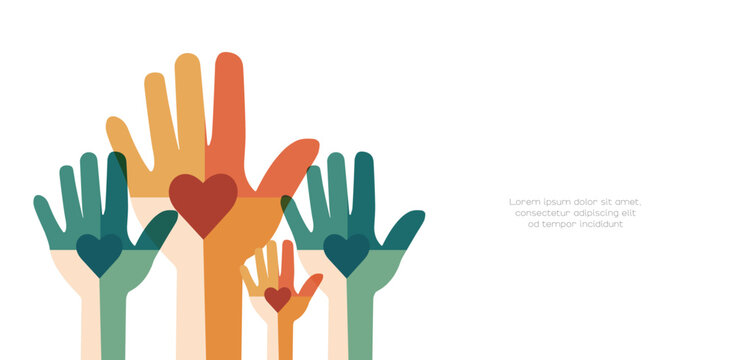 Raised hands. Volunteering, teamwork concert.