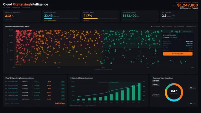Premium 4K dark mode cloud rightsizing dashboard animation showing oversized resources, utilization gaps, and savings opportunities with dynamic charts and data.