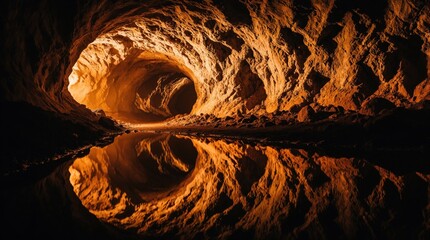 Fototapeta premium Inside dark underground lava tube with glowing amber light. Massive rock cave walls reflect in calm water pool. Deep orange cave interior shows natural stone texture, subterranean tunnel. Mysterious