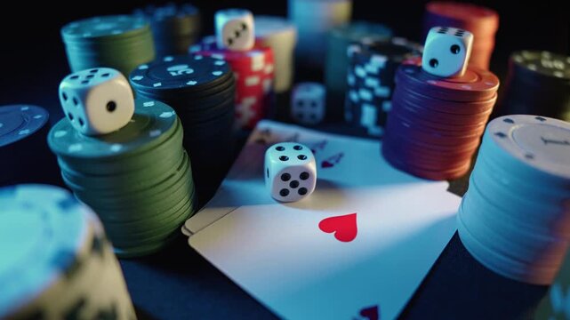 Casino chips with dice and playing cards on a dark table. Gambling night and game of chance