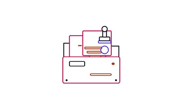 Animated flat claim folder icon in a minimal vector style, accepting claim in a smooth 4K seamless loop. The symbol sits alone in the centre of a bright white background in red and crimson, leaving ro