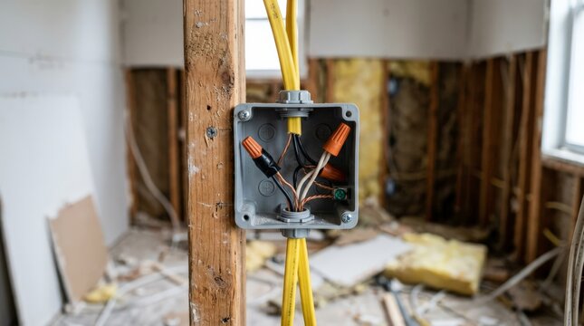 A close up view of an open grey plastic electrical fuse box mounted on a wooden stud during a home renovation project with visible yellow romex cables and wire nuts