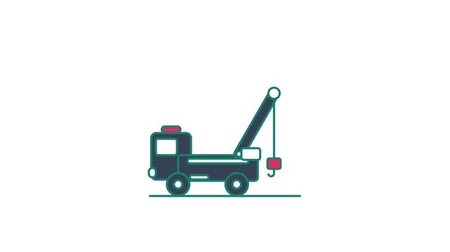 Seamless 4K looping animation of a flat roadside assistance icon towing car, centred and isolated on a clean white background with plenty of copy space. Bold outlined vector shapes in teal and turquoi