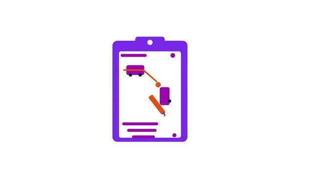 Seamless 4K looping animation of a flat accident report icon sketching scene, centred and isolated on a clean white background with plenty of copy space. Bold outlined vector shapes in purple and viol