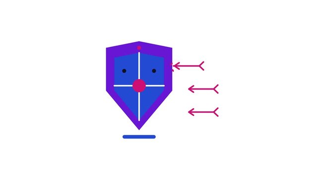 Animated flat liability shield icon in a minimal vector style, deflecting arrows in a smooth 4K seamless loop. The symbol sits alone in the centre of a bright white background in blue and azure, leavi