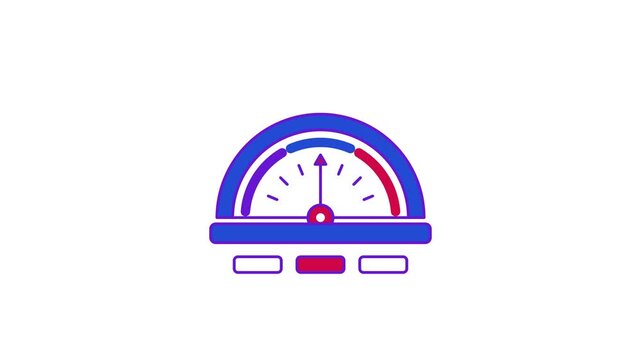 Animated flat risk gauge icon in a minimal vector style, measuring exposure in a smooth 4K seamless loop. The symbol sits alone in the centre of a bright white background in purple and violet, leaving