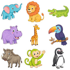 Naklejka premium Cute colorful animal collection, smiling cartoon wildlife, long necks, tusks and beaks, soft painted fur, rounded characters, bright wildlife illustrations