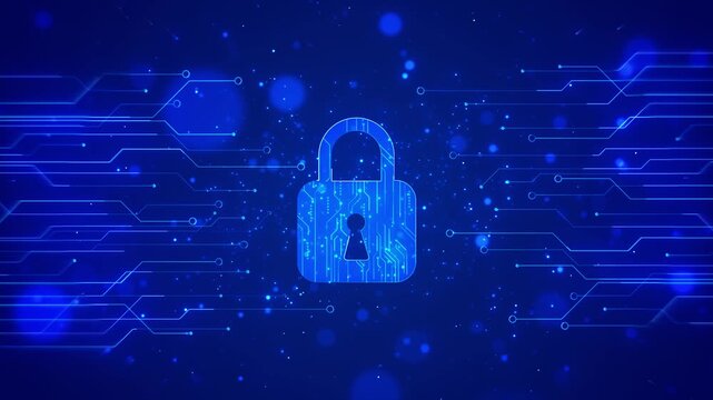 A luminous lock icon anchors web blue circuit traces. high contrast leaves space around central symbol suits visual stories online privacy, trusted systems, protected information secure communication.