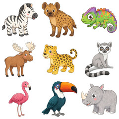 Naklejka premium Colorful cartoon animal clipart set, striped and spotted fur, antlers and horns, colorful feathers, long tails, painted wildlife characters