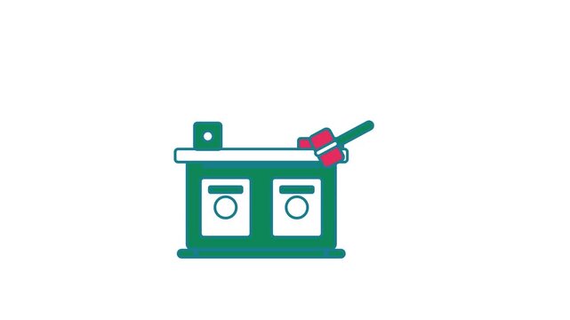 Animated flat courtroom bench icon in a minimal vector style, striking gavel in a smooth 4K seamless loop. The symbol sits alone in the centre of a bright white background in teal and turquoise, leavi