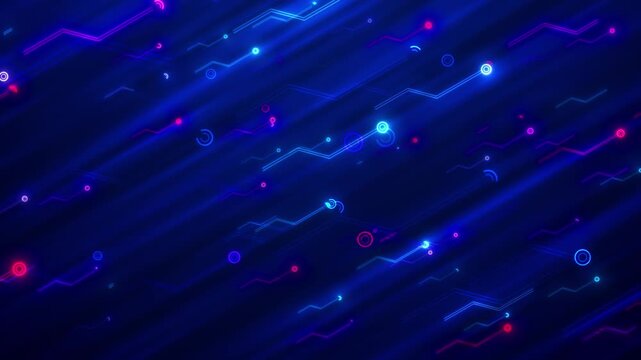 Violet paths cross digital field, circles line junctions faint glowing trails. angular composition gives editors vivid backdrop titles connected systems, computing, online communication technology.