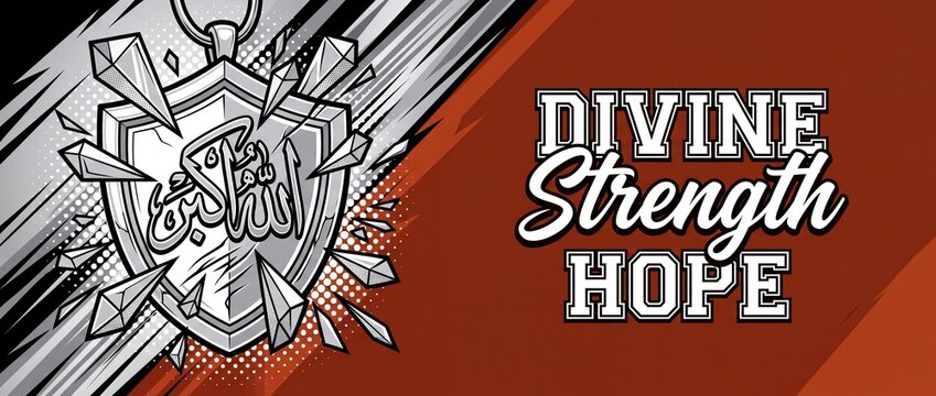 Islamic shield Arabic calligraphy design divine strength hope poster with comic style halftone dots and shattering crystals symbolizing religious protection strong faith and invincible spiritual armor