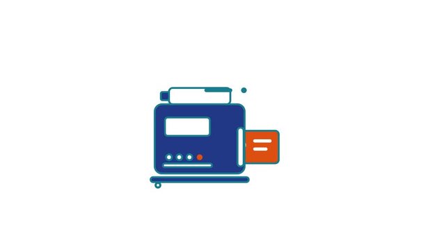 Animated flat id card printer icon in a minimal vector style, printing in a smooth 4K seamless loop. The symbol sits alone in the centre of a bright white background in blue and azure, leaving room fo