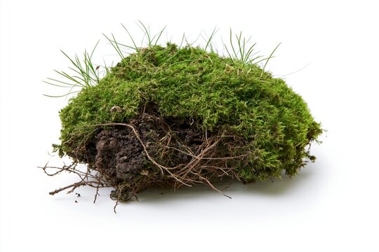 The moss-covered soil clod with exposed roots and fresh green moss