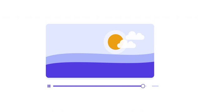 Stylized animation of a video player with a progress bar advancing over a changing abstract landscape featuring sun and clouds, representing digital media playback and user interface interaction.