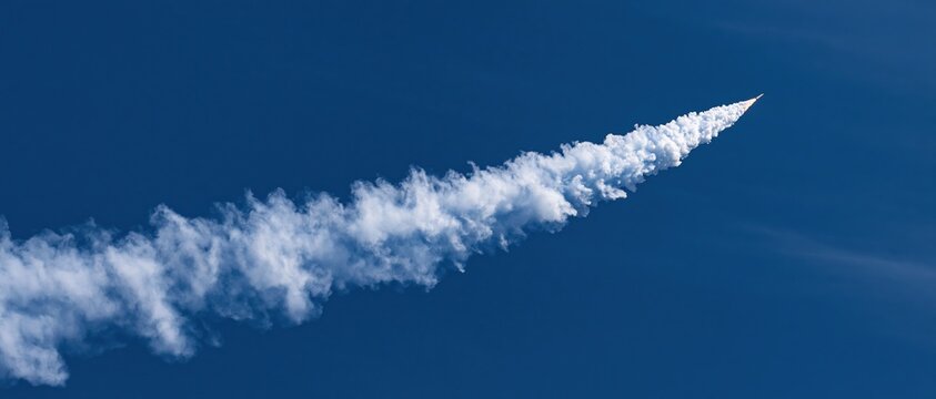 Rocket launching upward leaving a white smoke trail across deep blue sky
