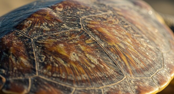 Detailed Close-Up of a Loggerhead Sea Turtle's Carapace, Showing Intricate Patterns and Textures