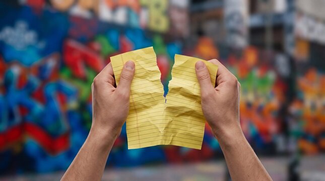 Hands tearing yellow lined paper in half against a colorful urban graffiti wall
