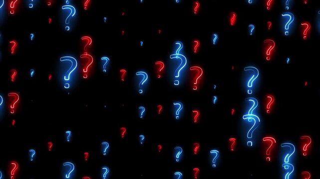Multiple blue and red question symbols shine backdrop pattern. glowing punctuation suggests curiosity unanswered questions, making this design quiz intros, educational content mystery visuals.