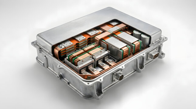 Electric Vehicle Battery Power Assembly with Rectangular Battery Cells, Copper Busbars and Protective Aluminum Enclosure for EV Technology