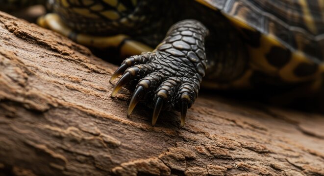Detailed Close-Up of Turtle Foot and Claws on Textured Wood Surface