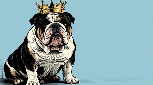 Fat bulldog wears golden crown on head. Funny dog sits in comic art style against blue background. Royal pet character looks serious, majestic. King bulldog illustration for funny animal concept