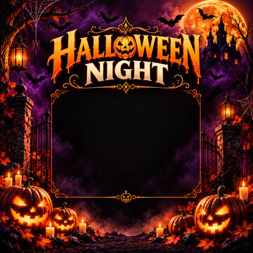 Halloween night promotional advertising banner and social media photo frame template with glowing jack-o-lantern pumpkins, burning candles, haunted gates, and full moon on a dark purple background wit