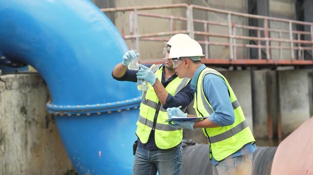 Environmental engineers review water sampling data beside large drainage pipe, comparing field observations and discussing contamination findings during wastewater monitoring assessment.