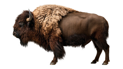 Large American bison standing in profile with thick brown fur and curved horns © Lysander