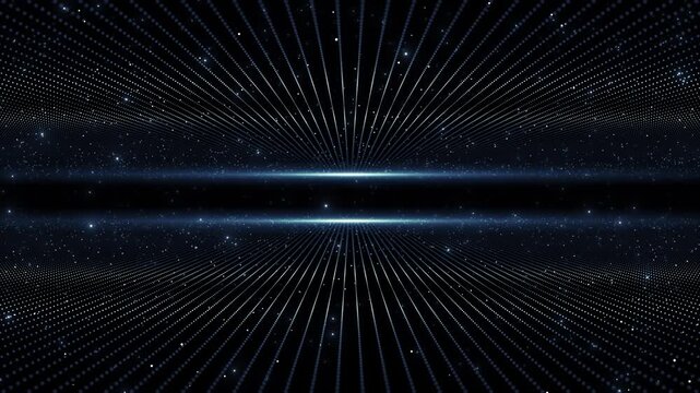 Upper lower fields of light points narrow toward horizon lines, leaving strip between them. mirrored geometry creates a sense depth for a futuristic stage, digital presentation science themed design.