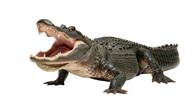 Large American alligator with open jaws showing sharp teeth and textured skin