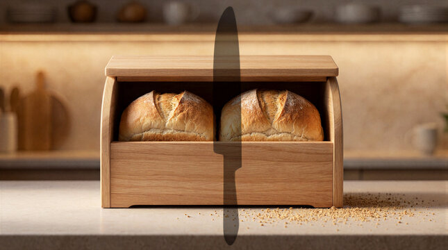 Wooden bread box sits on kitchen counter divided by knife shadow with freshly baked bread inside