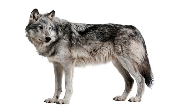 Full body side view of a majestic grey wolf standing with thick fur