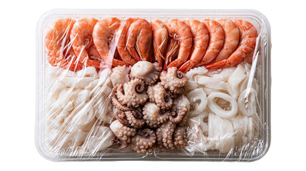 Fresh raw shrimp octopus and squid rings in a plastic food container © Lysander