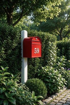 Red metal mailbox with number 59 mounted on white post. Mailbox stands in green garden among trees, bushes. Traditional postal box for letter delivery in residential backyard suburban area near stone