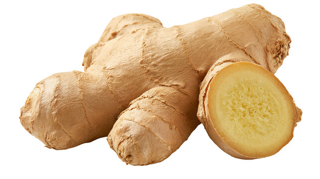 Fresh raw ginger root with a sliced cross section showing fibrous yellow texture