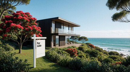 Fototapeta premium Modern eco villa for sale near ocean shore in New Zealand. Luxury coastal house with large glass windows, wooden facade stands among blooming red pohutukawa trees. Premium waterfront real estate