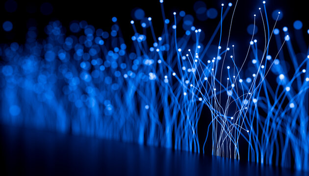 Abstract blue optical filaments and glowing particles suggesting neural connectivity, 3D rendering