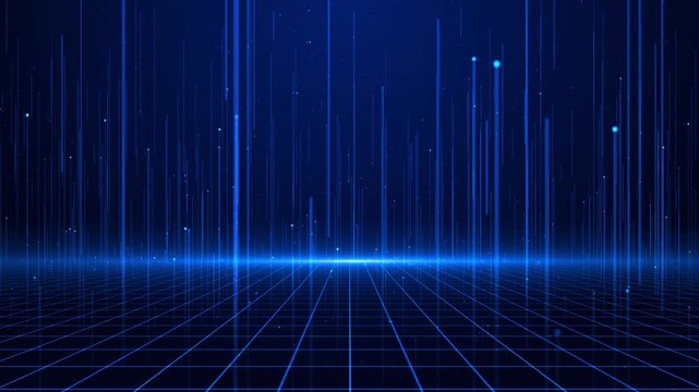 Dark blue digital space light columns, fine specks radiant edge over receding grid. abstract environment for science fiction, virtual reality, tech events, digital transformation cinematic intros.
