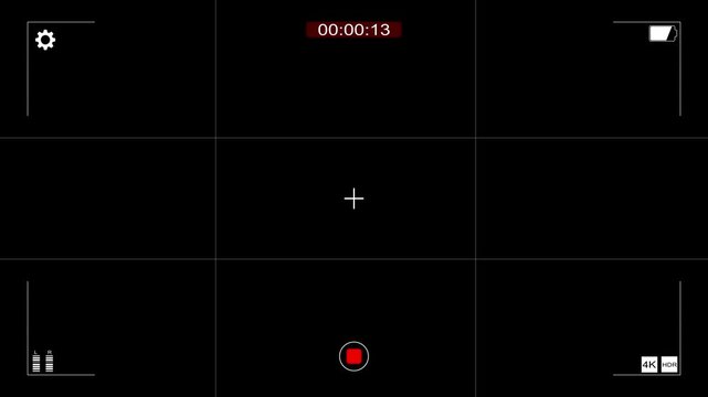 Minimal camera monitor design framing grid target over black record control, running time display, sound meters status symbols. video creation, camera tutorials, film production recording concepts
