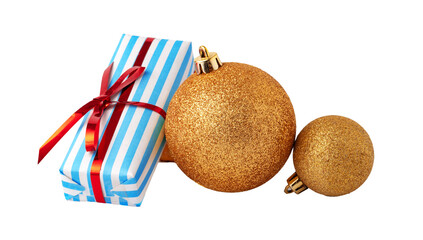 Fototapeta premium Golden Christmas ornaments and a wrapped gift on a white background