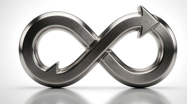 Metallic infinity symbol with silver arrows shows circular economy concept. 3D render of endless loop represents recycling process, sustainable resource management, green business growth. Modern