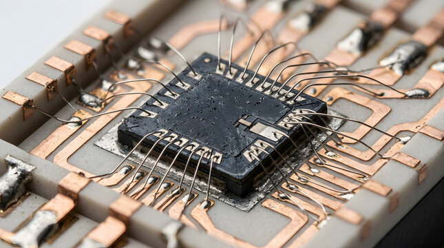 Macro Photograph of Semiconductor Integrated Circuit with Fine Metal Pins and Copper Circuit Traces on Ceramic Electronic Substrate