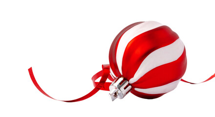 Fototapeta premium Red and white Christmas ornament with ribbon on a white background