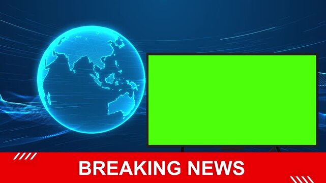 Blue luminous Earth, empty green monitor red news television layout. BREAKING NEWS text composition while the display offers a space for inserted content in broadcast broadcasts international reports.