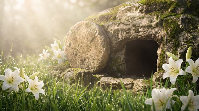 Empty tomb with rolled stone and white lilies at sunrise