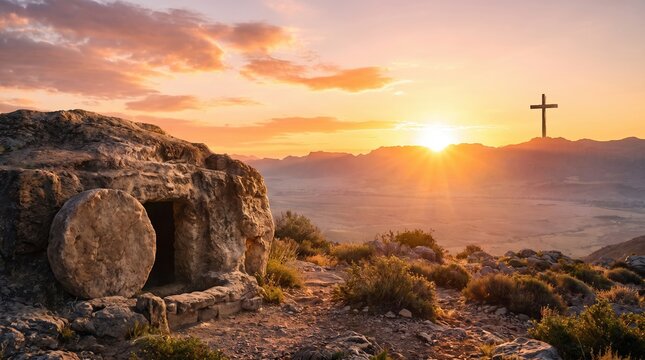 Empty Tomb of Jesus Christ with Cross at Sunrise for Resurrection