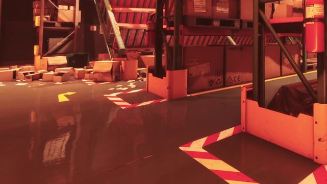 Inside a busy warehouse, a vibrant scene unfolds with scattered boxes on the floor and organized workstations nearby. Bright lighting highlights the activity in this bustling environment.